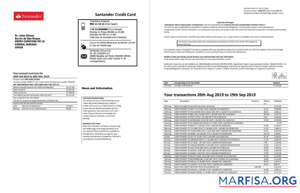 Printable Spain Santander credit card statement word 2 pages sample